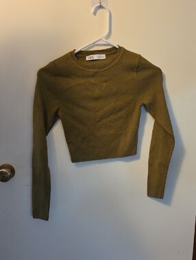 Zara Olive Cropped Long-Sleeve Knit Top